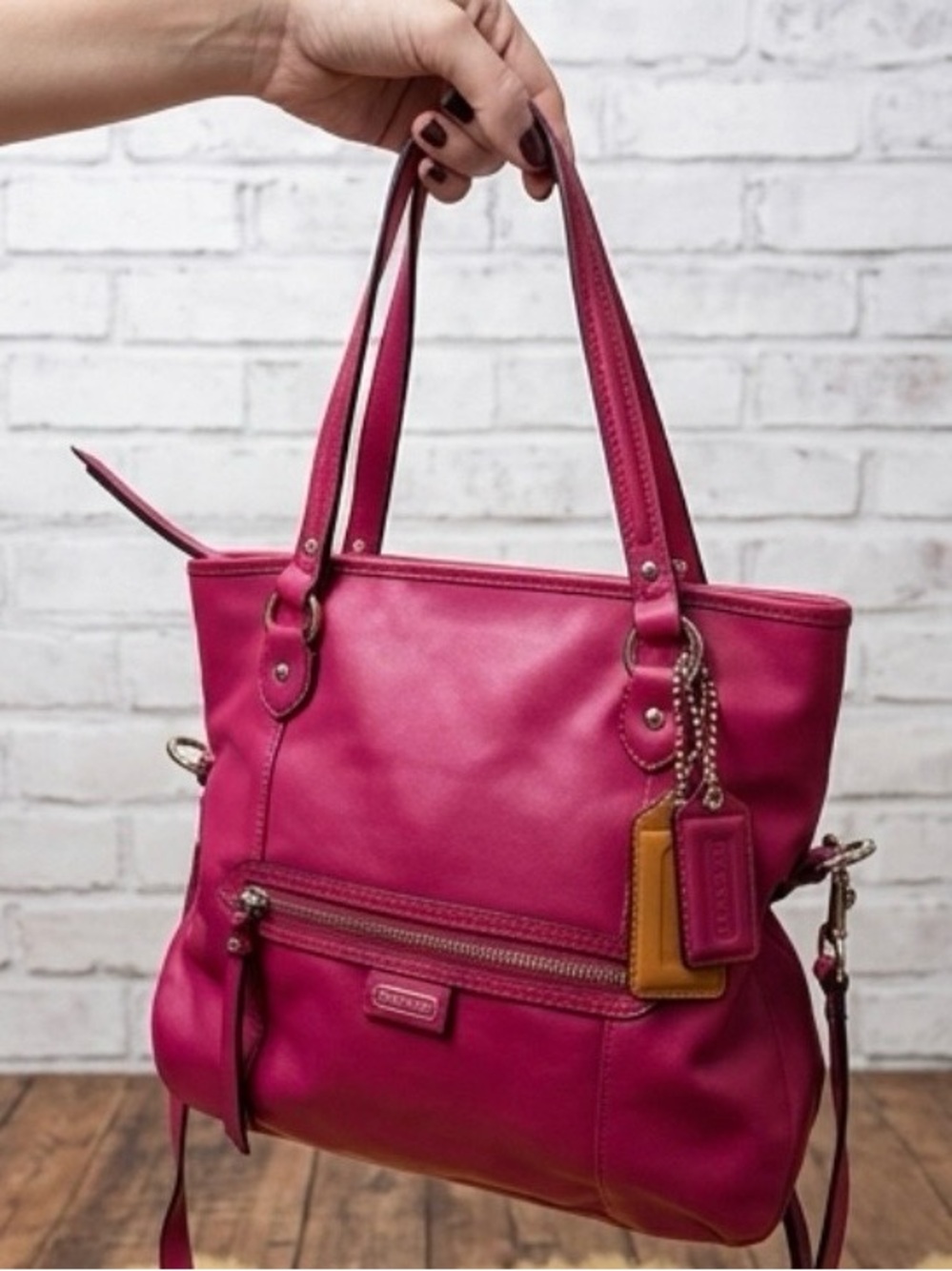 Coach Fuschia Leather Tote Bag with Zip Pocket